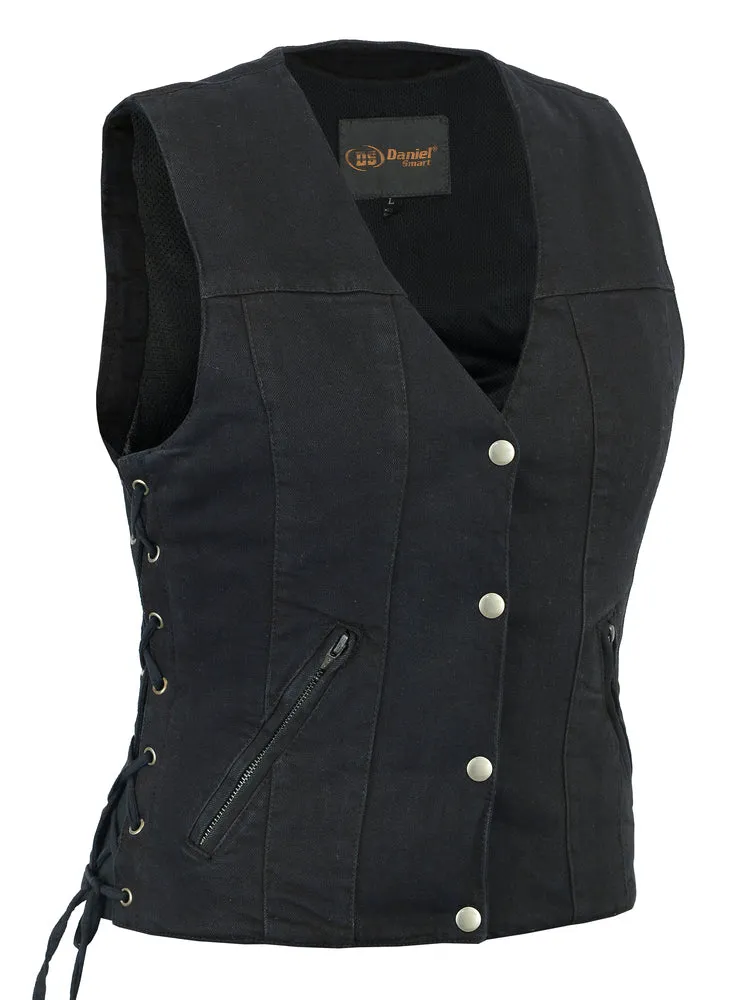 DM906BK Women's Single Back Panel Smart Access Pockets Denim Vest