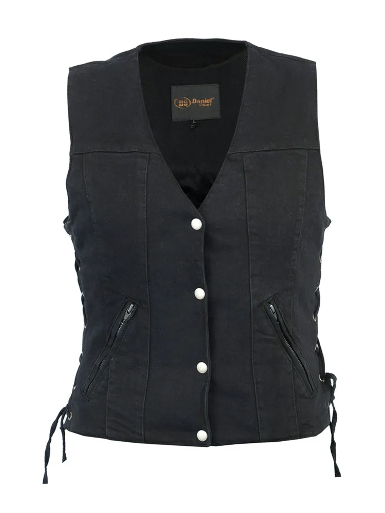 DM906BK Women's Single Back Panel Smart Access Pockets Denim Vest