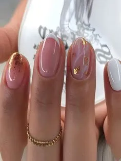 Glitter Marble Short Acrylic Short French Tip Nails