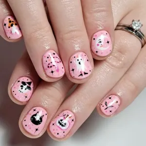 Halloween Pink Pumpkin Ghost Face Nail