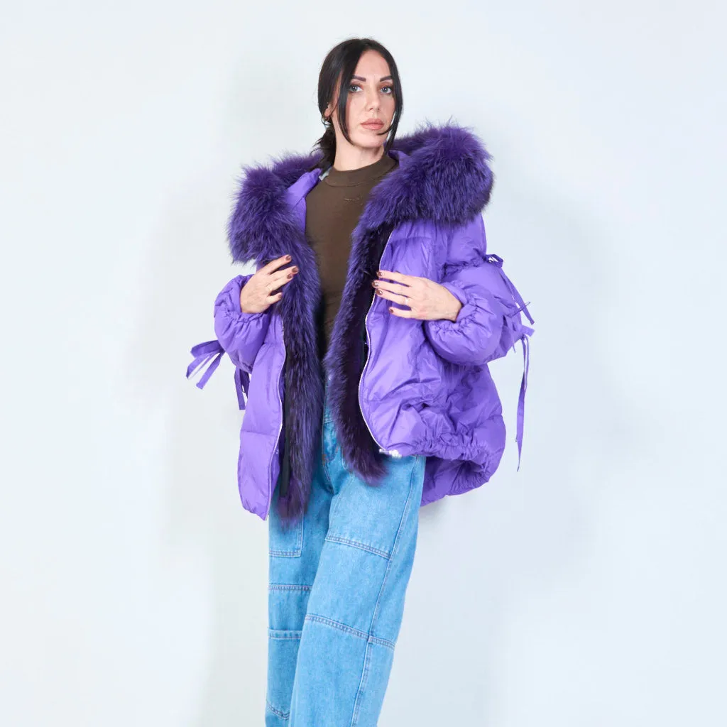 Oversized puffer duck down jacket with faux fur hood wholesale